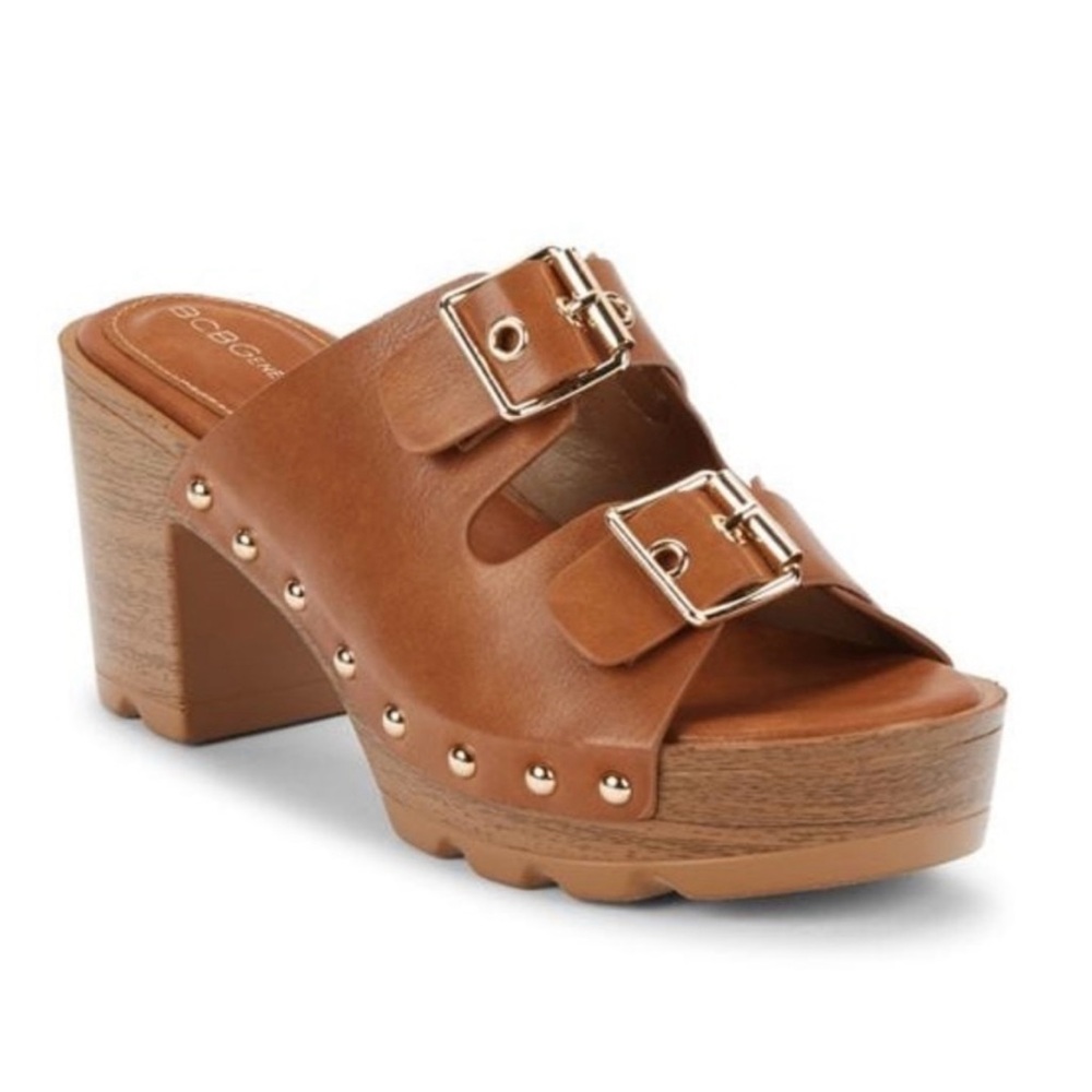 BCBGeneration NWOT Yolanda Cognac Block Heel Buckle Top Sandals Size 10